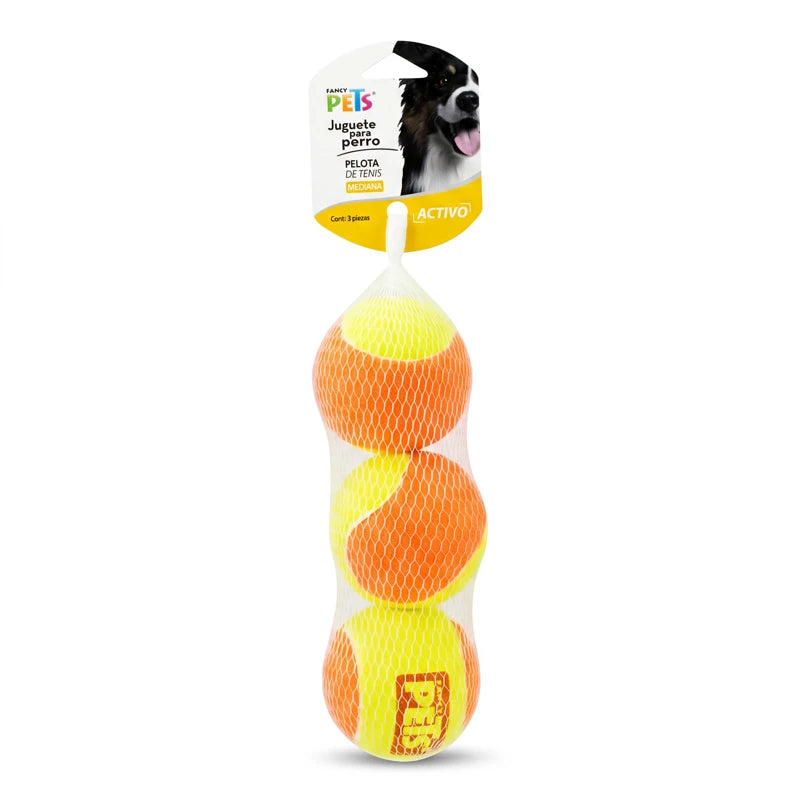 Fancy Pets Pelotas de Tenis Medianas para Perro — 3 piezas, paquete completo en fondo blanco