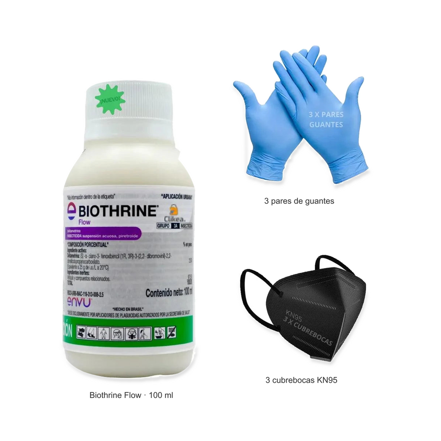 Kit Biothrine Flow 100 ml con tres pares de guantes y tres cubrebocas KN95, accesorios representativos