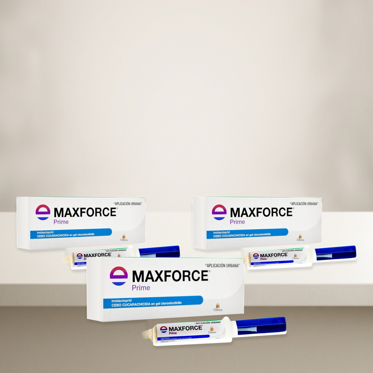 Maxforce Prime Envu de 30 g — las tres unidades del paquete en un entorno neutro