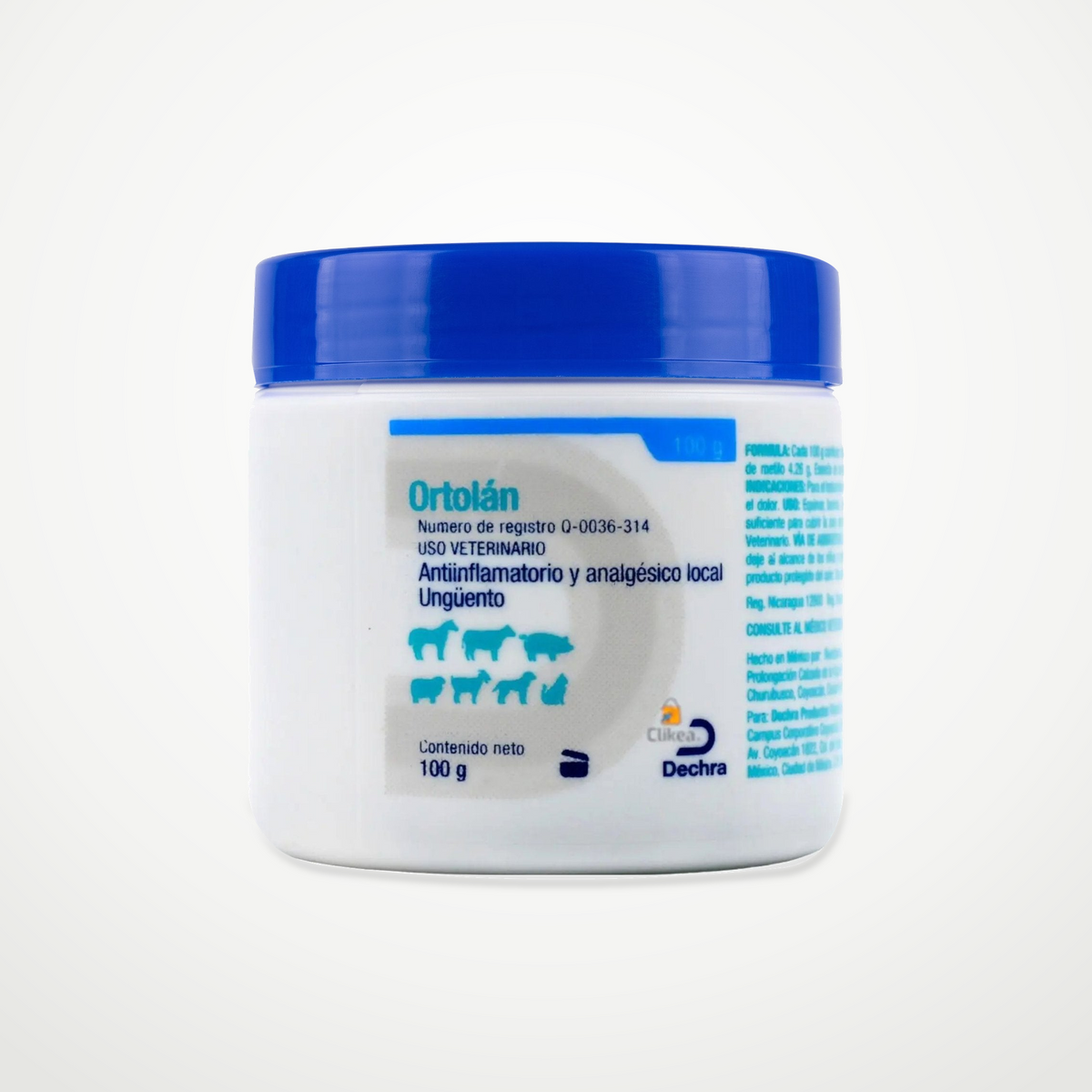 Ortolan Unguento Veterinario 100 g — envase completo sobre fondo de estudio neutro continuo, impresión auténtica y sombra de contacto