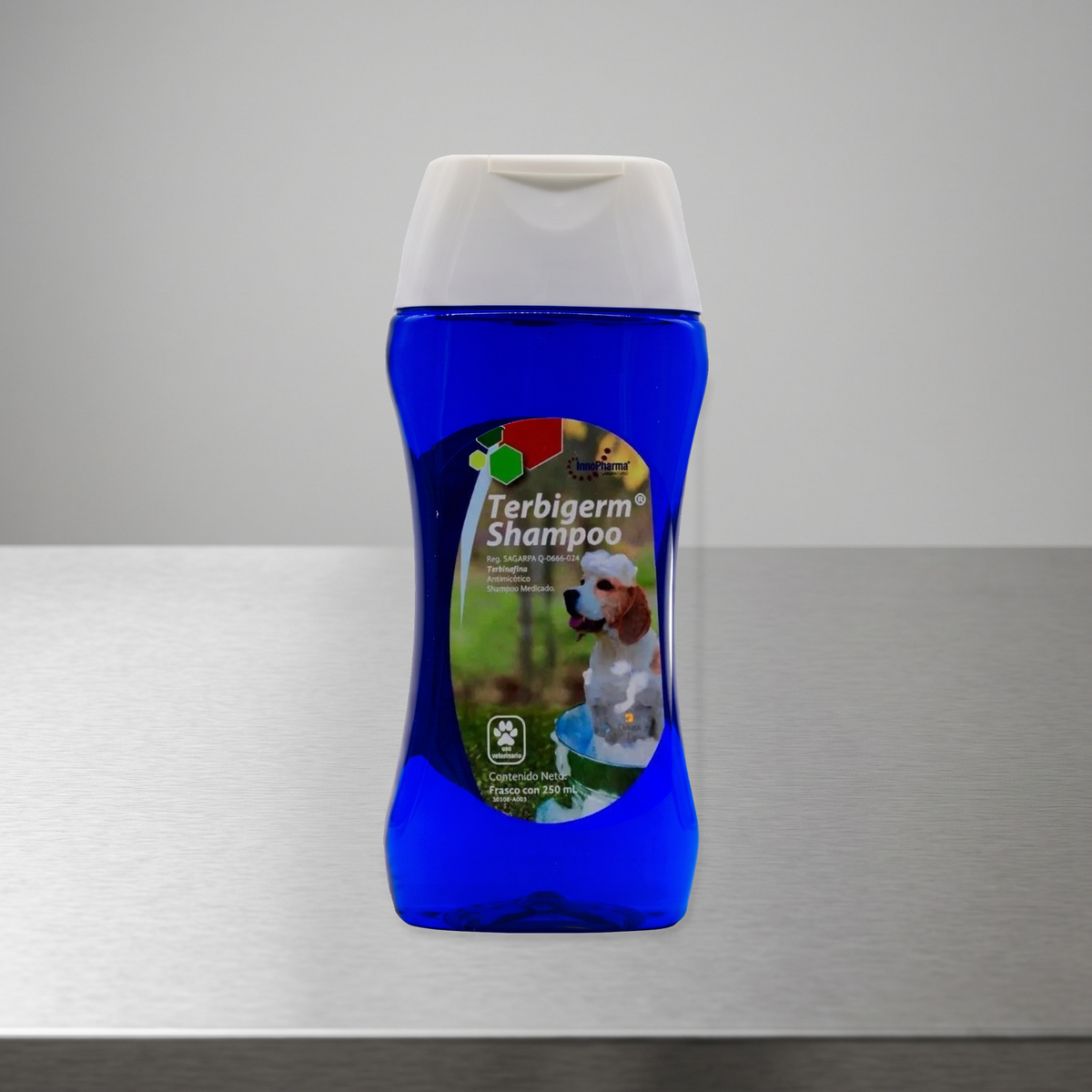 Terbigerm Shampoo InnoPharma 250 ml — frasco completo sobre mesa neutra, etiqueta fotográfica original conservada