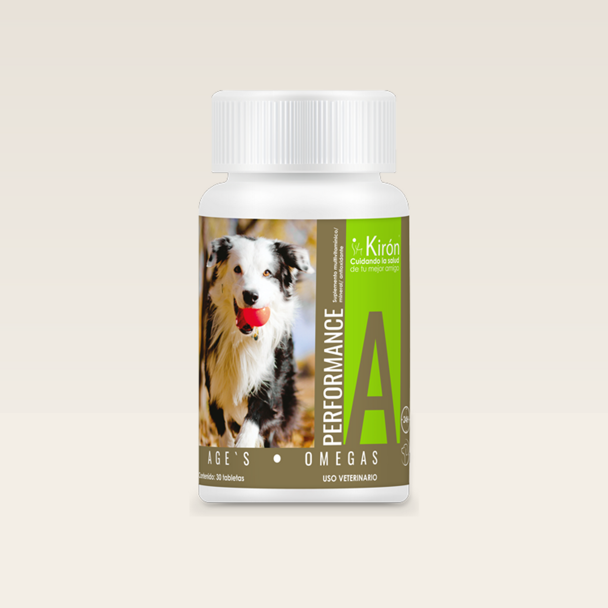 Performance Ages A Kiron 30 Tabletas para Perro — frasco completo en contexto de estudio
