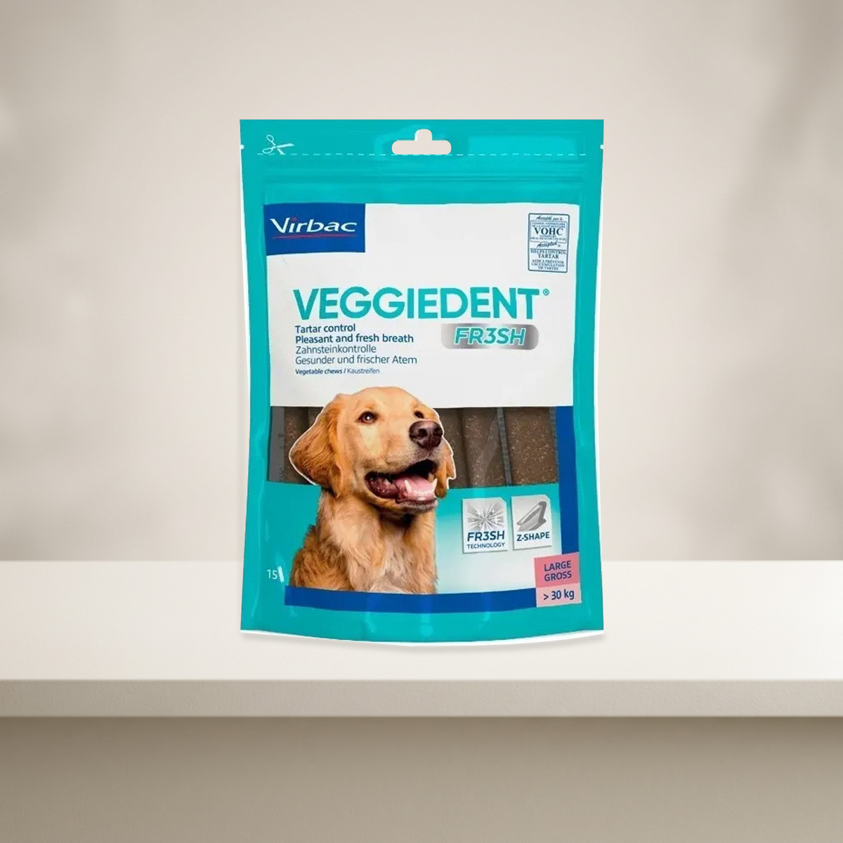 Virbac Veggiedent Fresh Tiras Dentales Perro mas de 30 kg — presentación en ambiente neutro