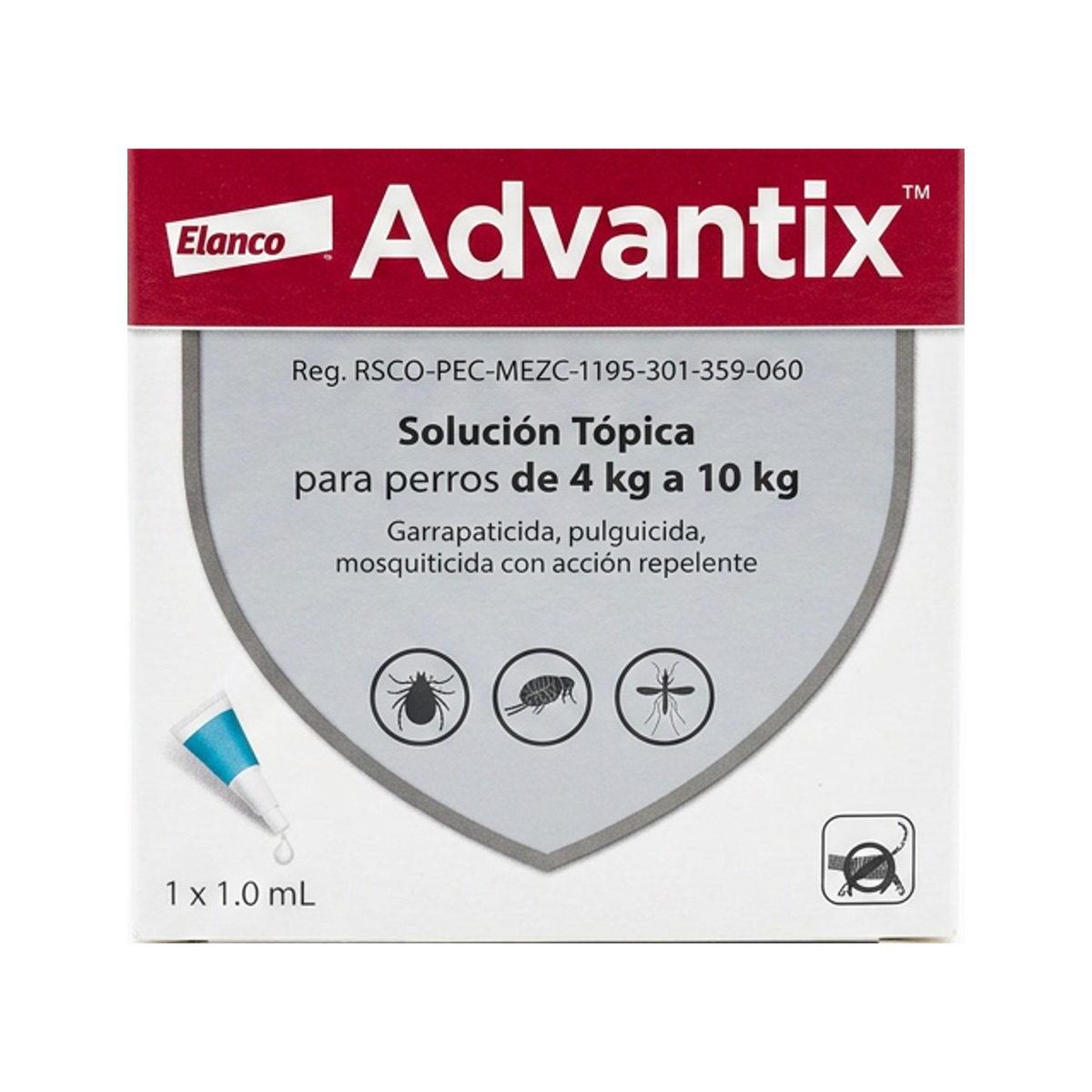 Elanco Advantix Pipeta Perro de 4 a 10 kg, 1.0 ml — detalle auténtico de la etiqueta