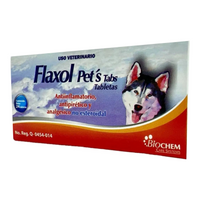 Flaxol Pets Biochem 24 tabletas Perros y Gatos — detalle frontal completo del empaque original