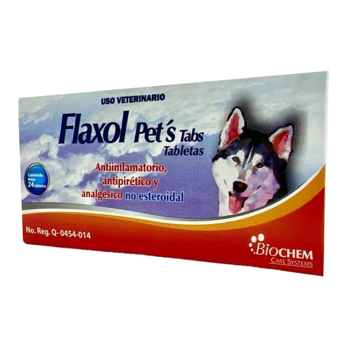 Flaxol Pets Biochem 24 tabletas Perros y Gatos — detalle frontal completo del empaque original