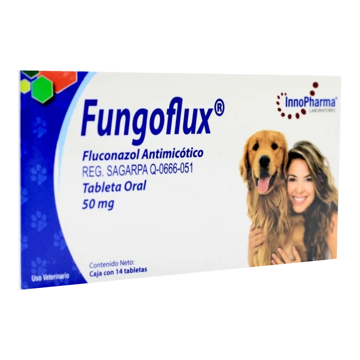 Inno Pharma Fungoflux Fluconazol 50 mg 14 Tabletas Perro y Gato — detalle auténtico del empaque