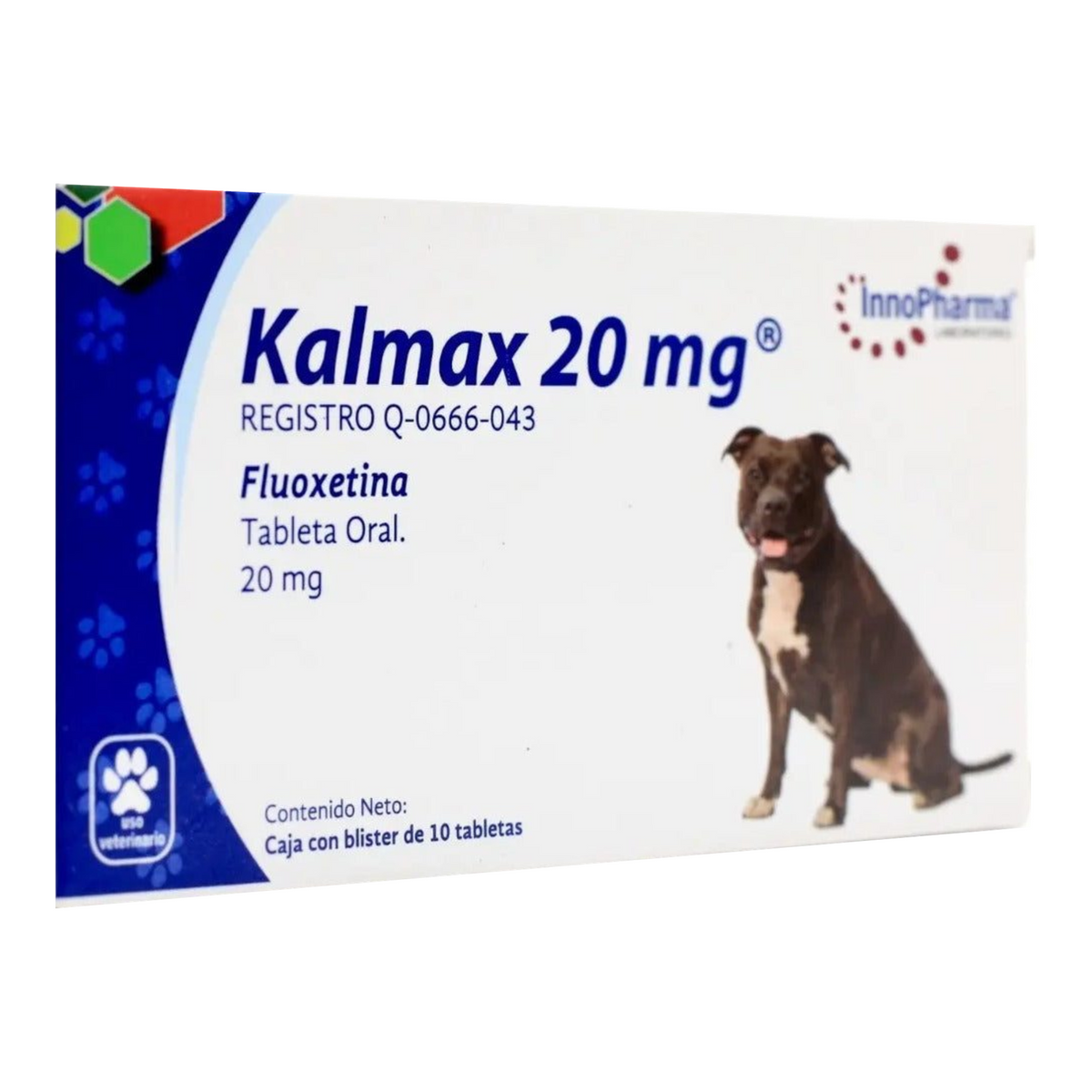 Inno Pharma Kalmax Fluoxetina 20 mg 10 Tabletas Perro — detalle auténtico del empaque