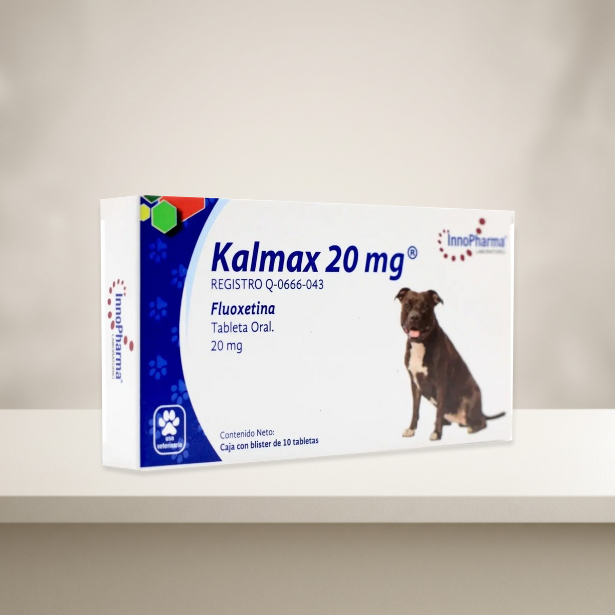 Inno Pharma Kalmax Fluoxetina 20 mg 10 Tabletas Perro — presentación completa en ambiente neutro