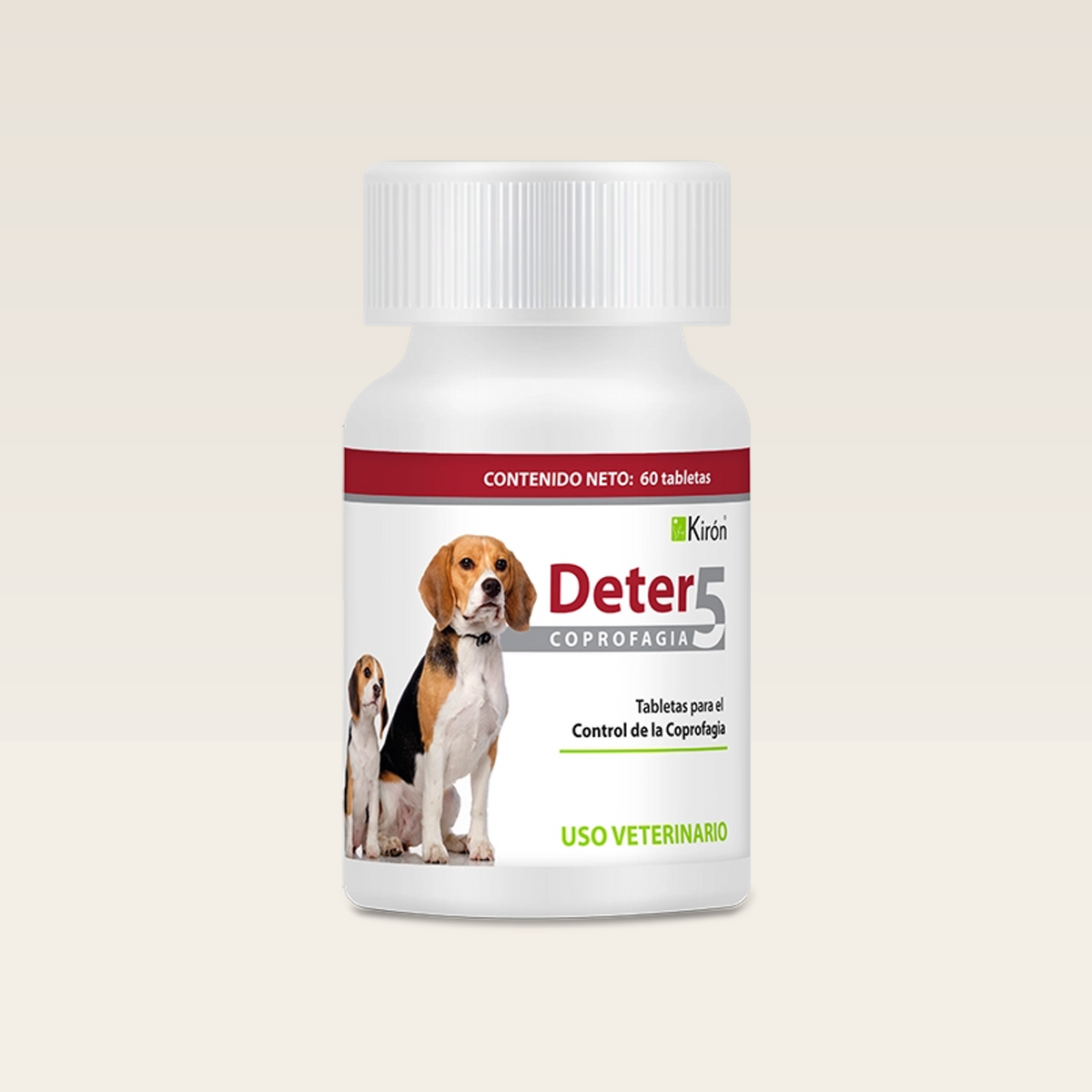 Deter 5 Kiron 60 Tabletas para Perro — frasco completo en contexto de estudio