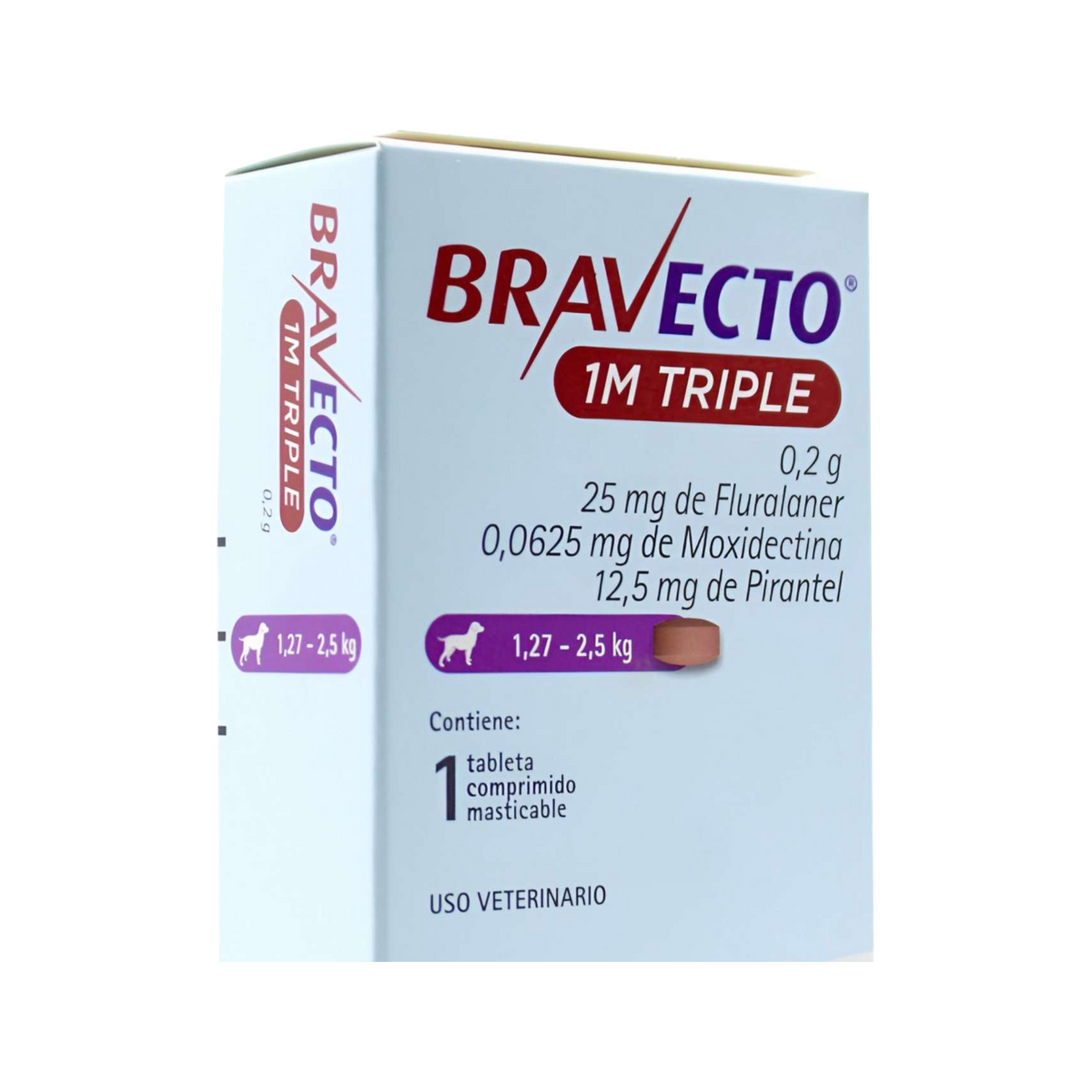 Bravecto 1M Triple 1 Tableta para Perros 1.27-2.5 Kg — acercamiento al empaque y a su presentación impresa