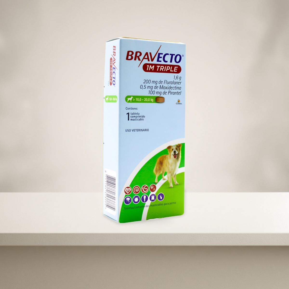 Bravecto 1M Triple 1 Tableta para Perros 10-20 Kg — presentación en ambiente de estudio neutro