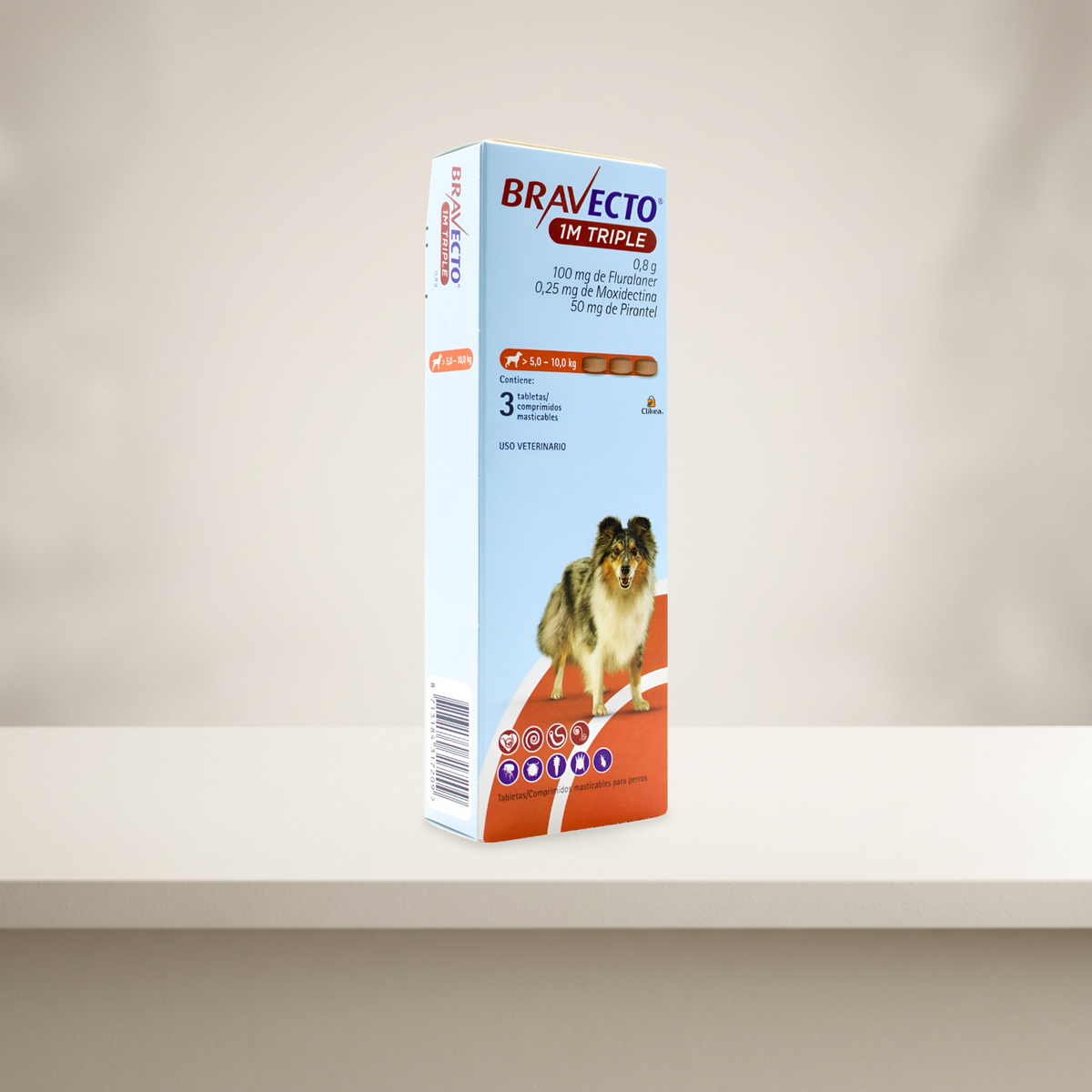 Bravecto 1M Triple 3 Tabletas para Perros 5-10 Kg — presentación en ambiente de estudio neutro