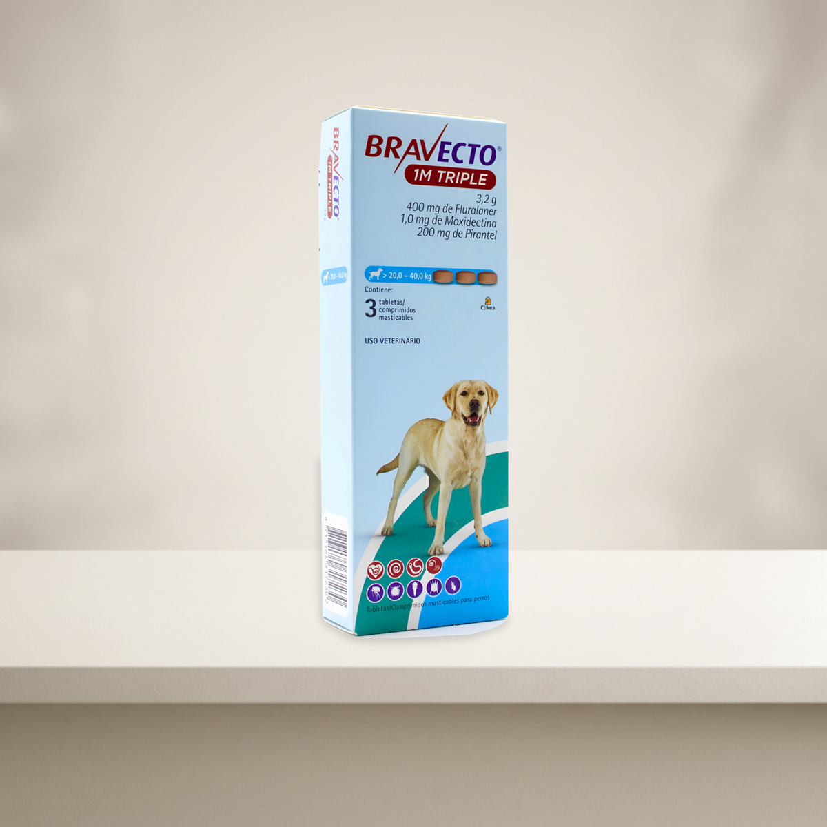 Bravecto 1M Triple 3 Tabletas para Perros 20-40 Kg — presentación en ambiente de estudio neutro
