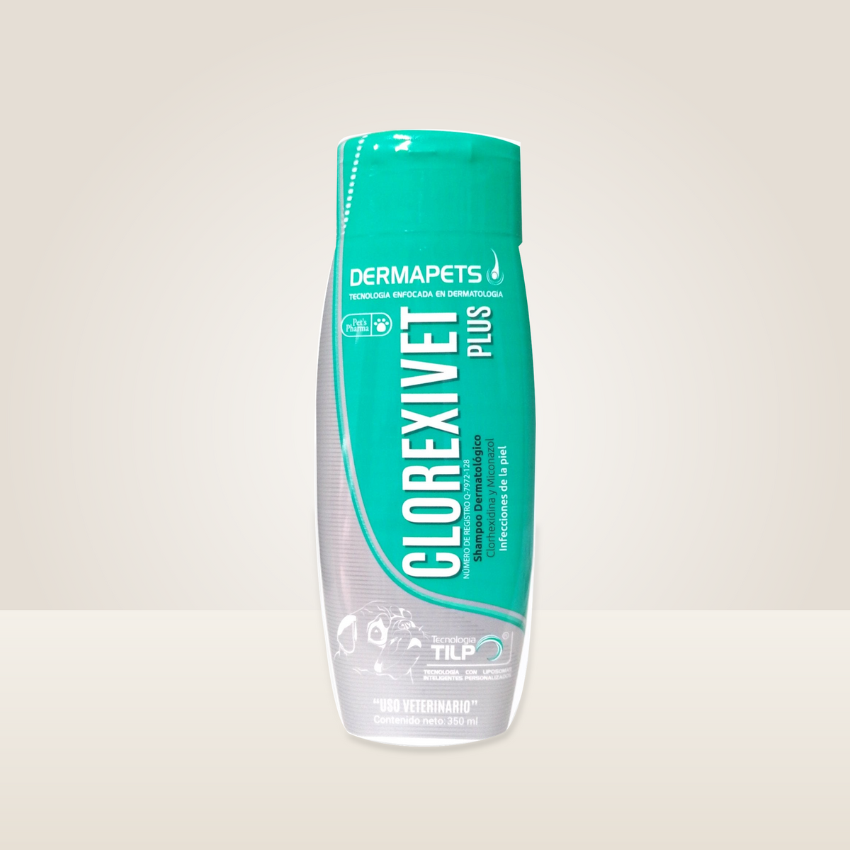 Pets Pharma Clorexivet Shampoo Dermatologico 350 ml — frasco completo en contexto neutro de estudio