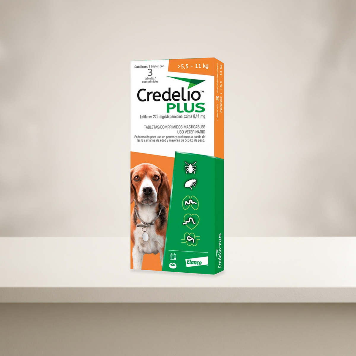 Credelio Plus 3 Tabletas para Perros 5.5-11 Kg — empaque original en ambiente neutro