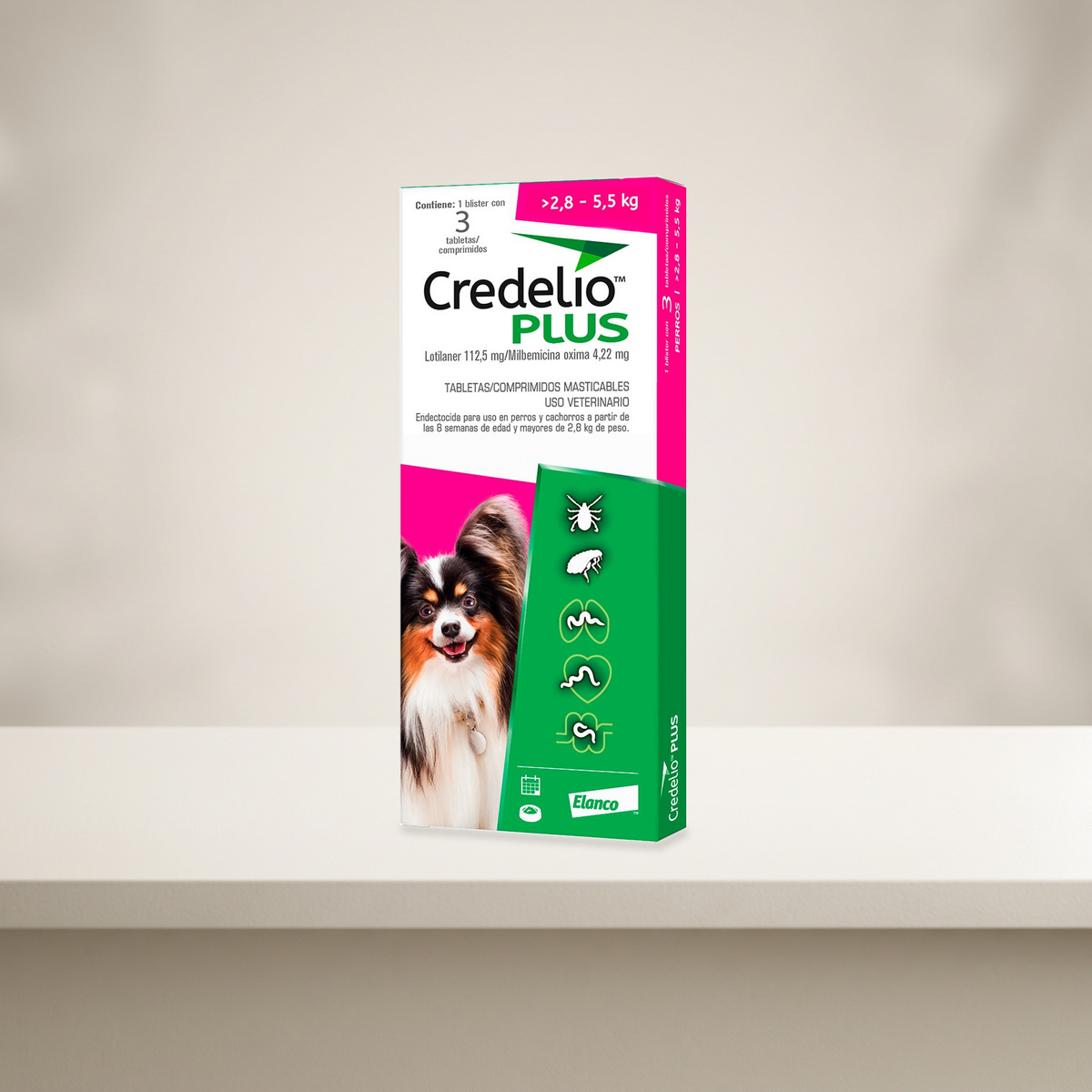Credelio Plus 3 Tabletas para Perros 2.8-5.5 Kg — empaque original en ambiente neutro