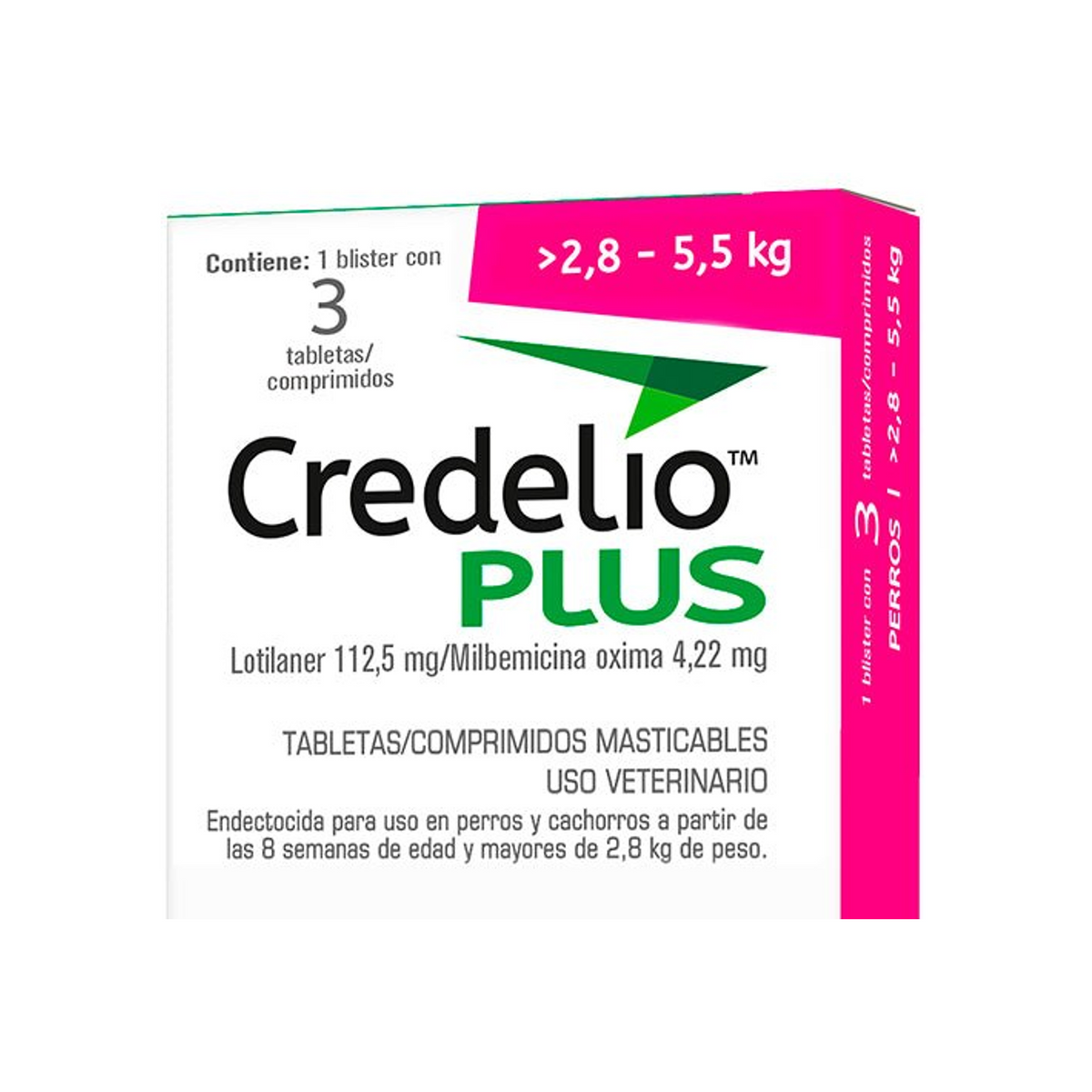 Credelio Plus 3 Tabletas para Perros 2.8-5.5 Kg — detalle auténtico de la etiqueta original