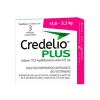 Credelio Plus 3 Tabletas para Perros 2.8-5.5 Kg — detalle auténtico de la etiqueta original