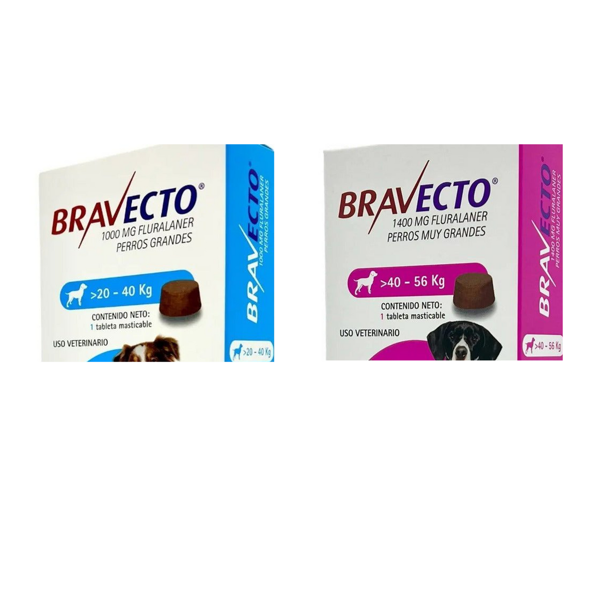 Bravecto Perro Paquete 8 - 7 de 20-40 kg y 1 de 40-56 kg — detalle auténtico de etiqueta, talla y contenido