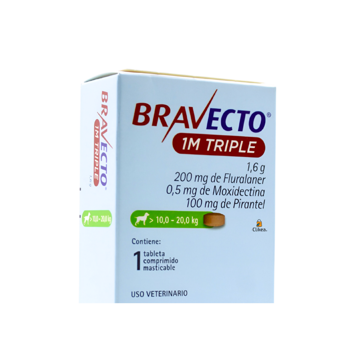 Bravecto 1M Triple 1 Tableta para Perros 10-20 Kg — detalle auténtico de etiqueta, talla y contenido
