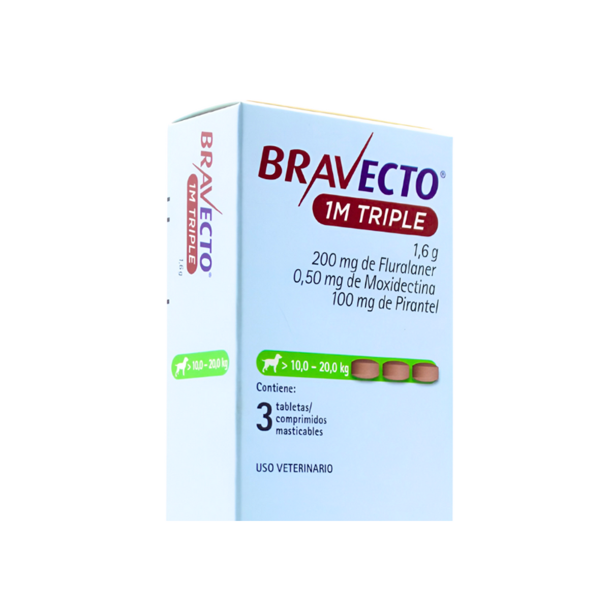 Bravecto 1M Triple 3 Tabletas para Perros 10-20 Kg — detalle auténtico de etiqueta, talla y contenido