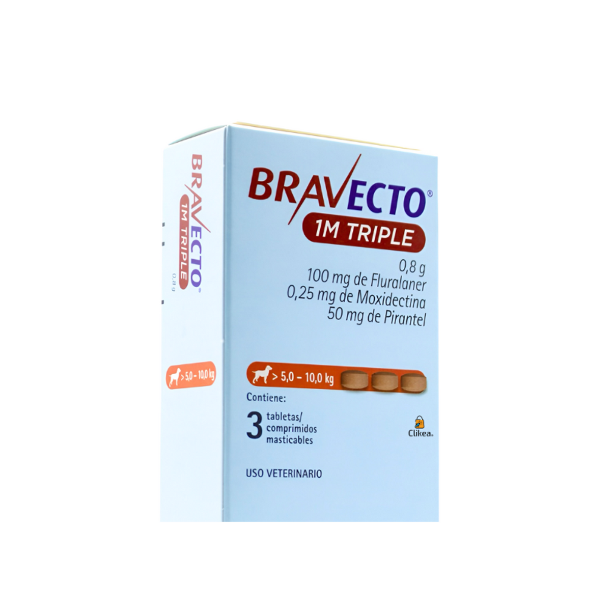 Bravecto 1M Triple 3 Tabletas para Perros 5-10 Kg — detalle auténtico de etiqueta, talla y contenido