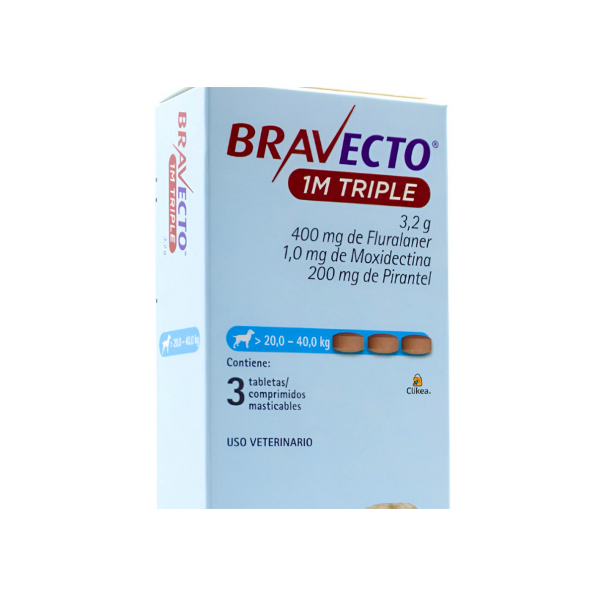 Bravecto 1M Triple 3 Tabletas para Perros 20-40 Kg — detalle auténtico de etiqueta, talla y contenido