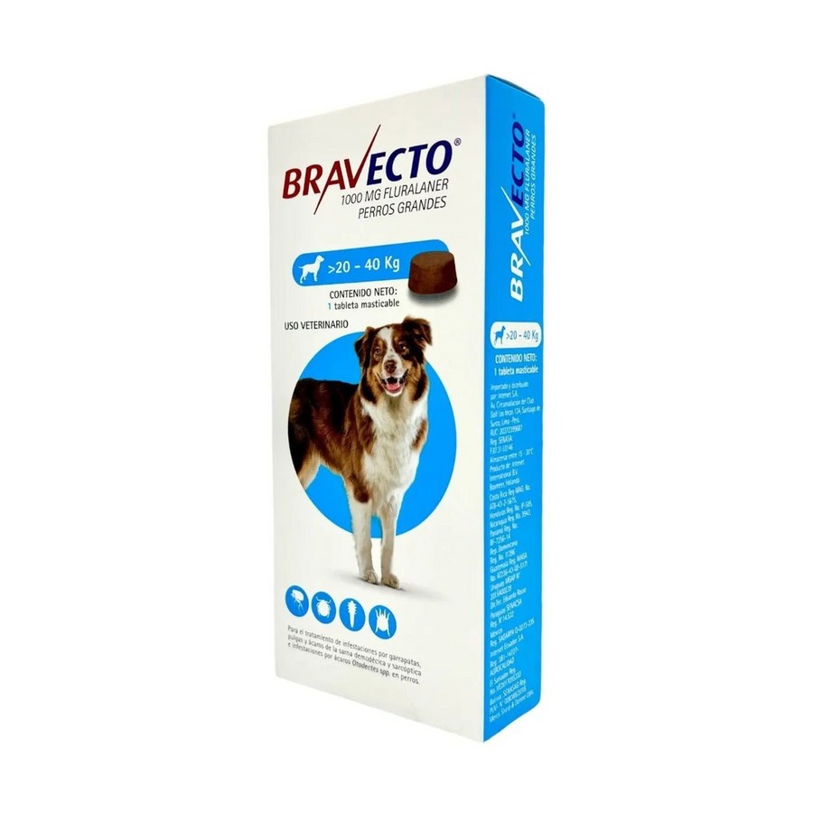 Bravecto Perro 20 a 40 kg 1000 mg - 10 tabletas; fotografía de la presentación individual del paquete