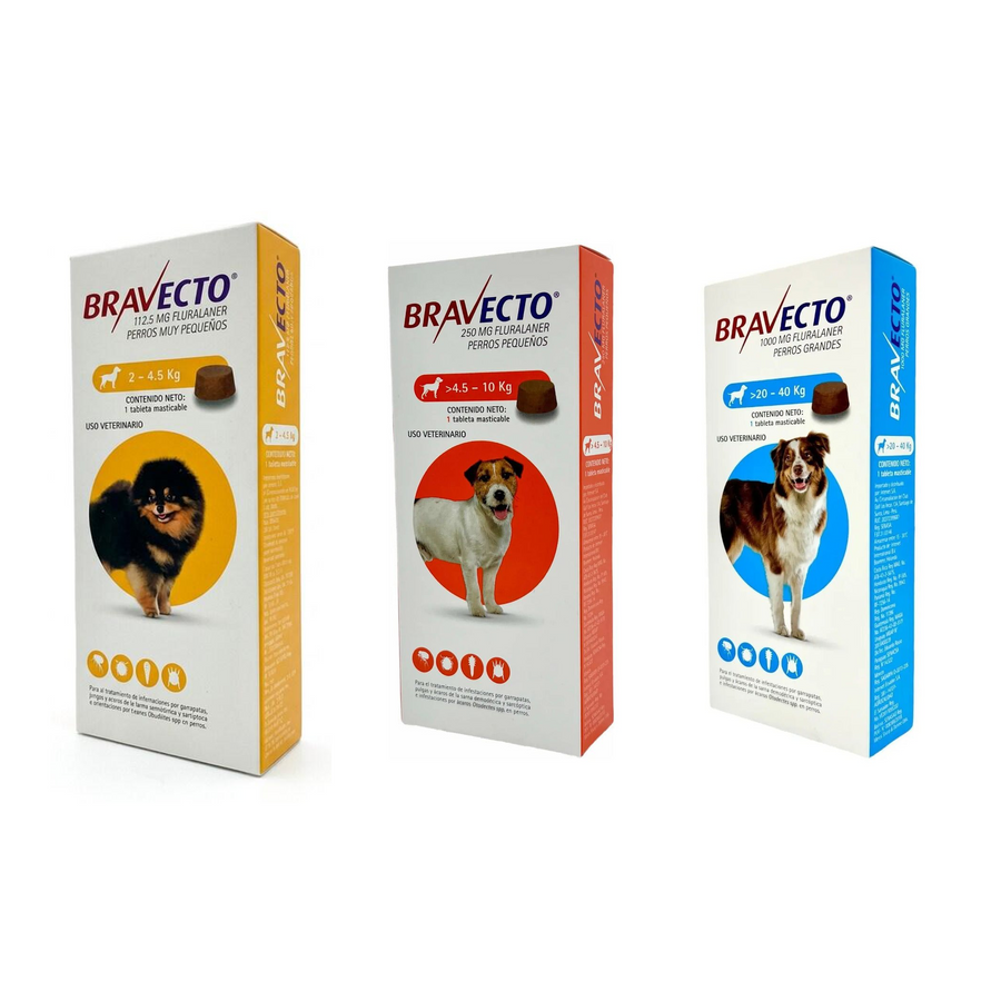 Bravecto: presentaciones de 2 a 4.5 kg, 4.5 a 10 kg y 20 a 40 kg incluidas en el paquete surtido de 23 tabletas