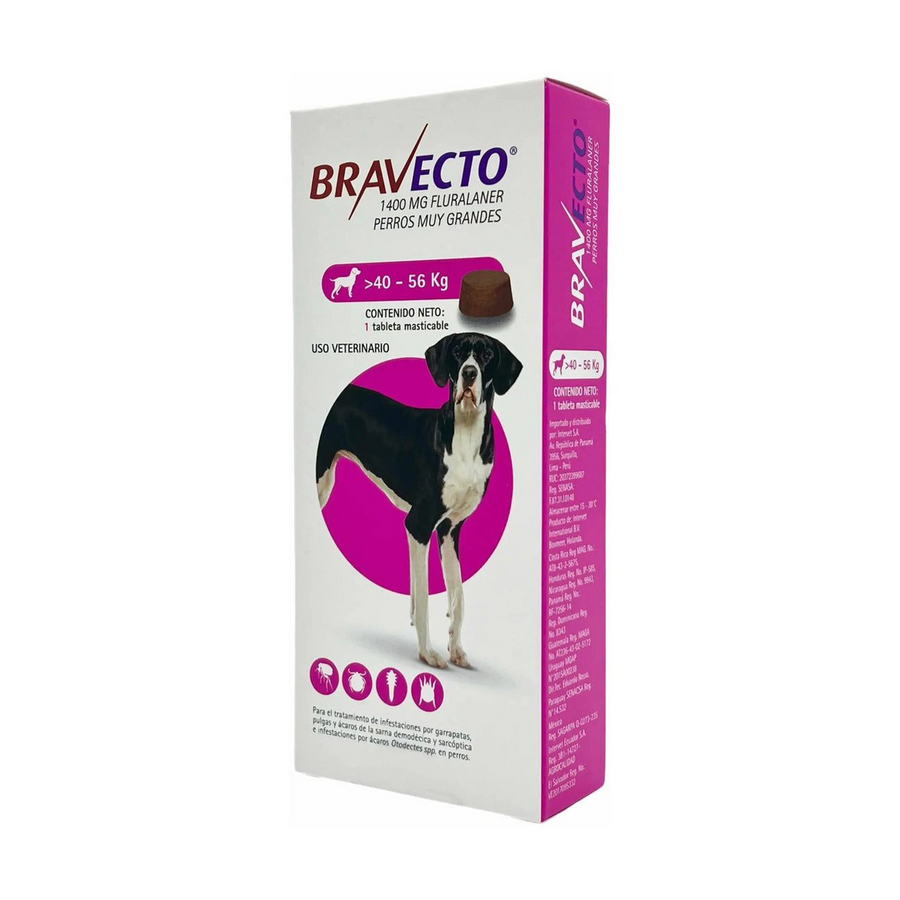 Bravecto Perro 40 a 56 kg 1400 mg - 10 tabletas; fotografía de la presentación individual del paquete
