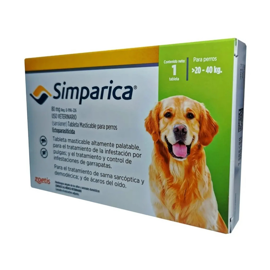 Simparica Perro 20 a 40 kg - paquete 9 tabletas; fotografía de la presentación individual del paquete