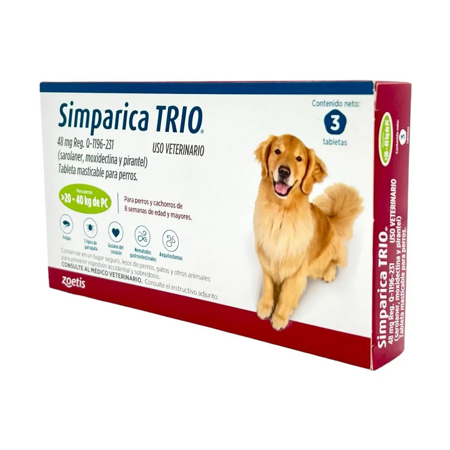 Simparica Trio 12 Tabletas para Perros 20-40 Kg; fotografía de la presentación individual del paquete