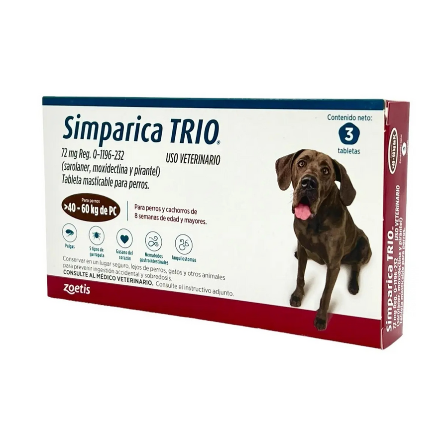 Simparica Trio 60 Tabletas para Perros 40-60 Kg; fotografía de la presentación individual del paquete