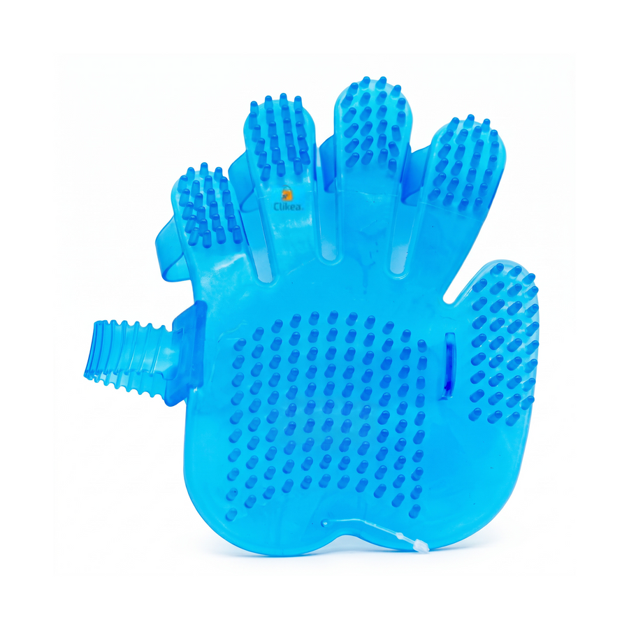 Guante de goma Fancy Pets azul, producto completo con correa abierta