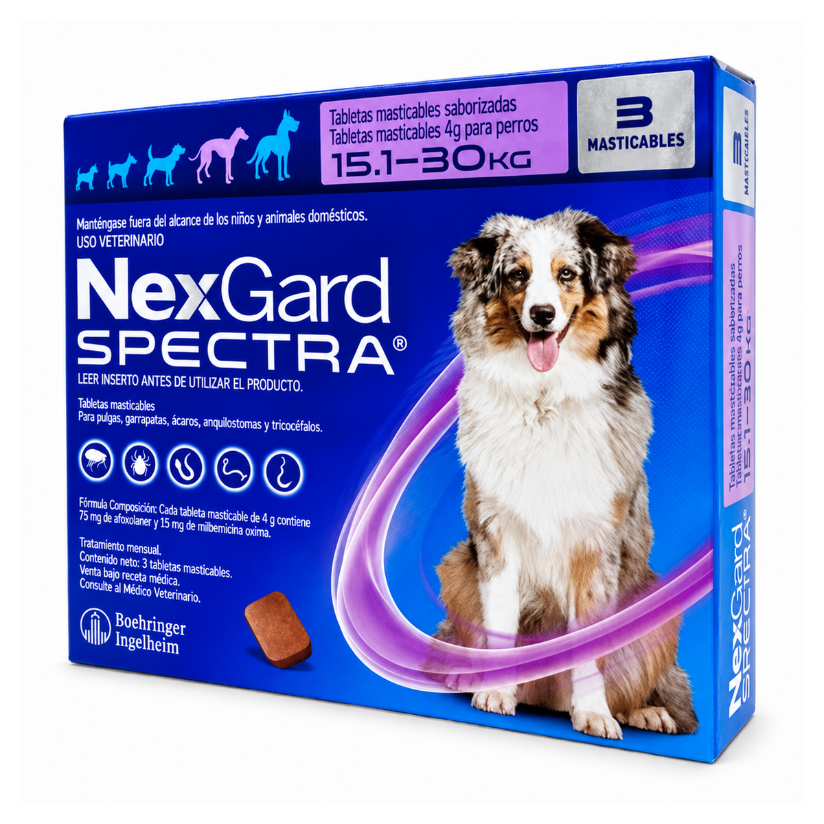 NexGard Spectra morado, caja con 3 tabletas para perros de 15.1 a 30 kg