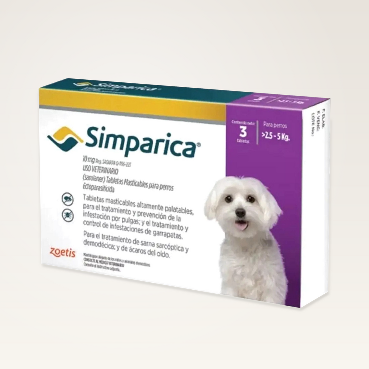 Simparica 10 mg, caja completa de tres tabletas con etiqueta original en estudio neutro.