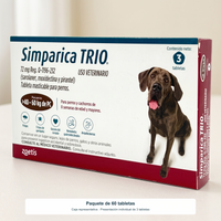 Simparica Trio paquete de 60 tabletas para perros de 40–60 kg — contexto neutro, caja individual de 3 tabletas representativa