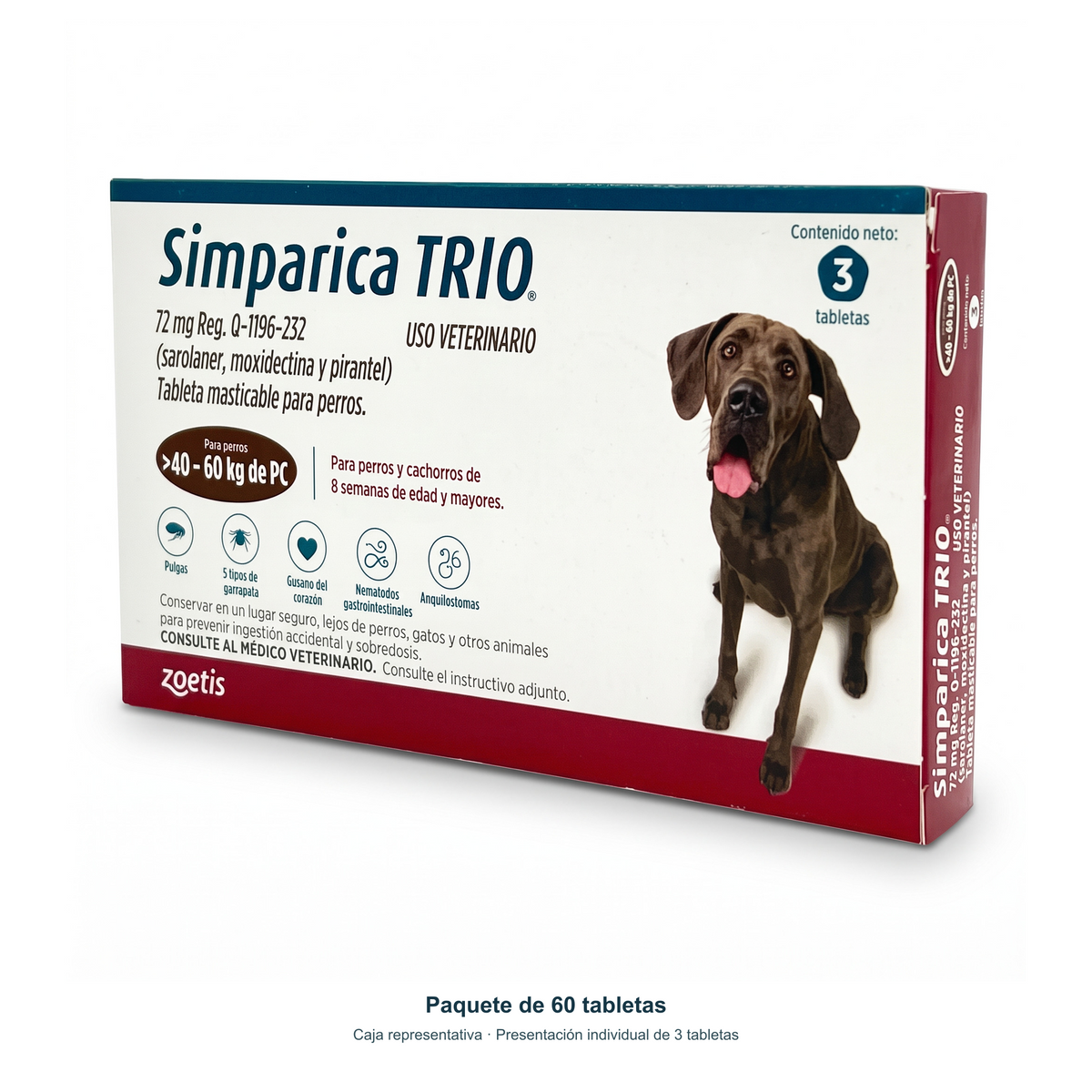 Simparica Trio paquete de 60 tabletas para perros de 40–60 kg — fondo blanco, caja individual de 3 tabletas representativa