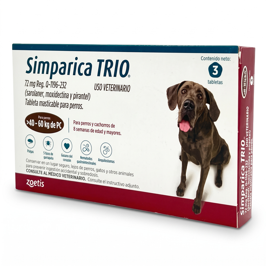 Simparica Trio de 72 mg para perros de más de 40 a 60 kg — caja de 3 tabletas, vista completa sobre fondo blanco