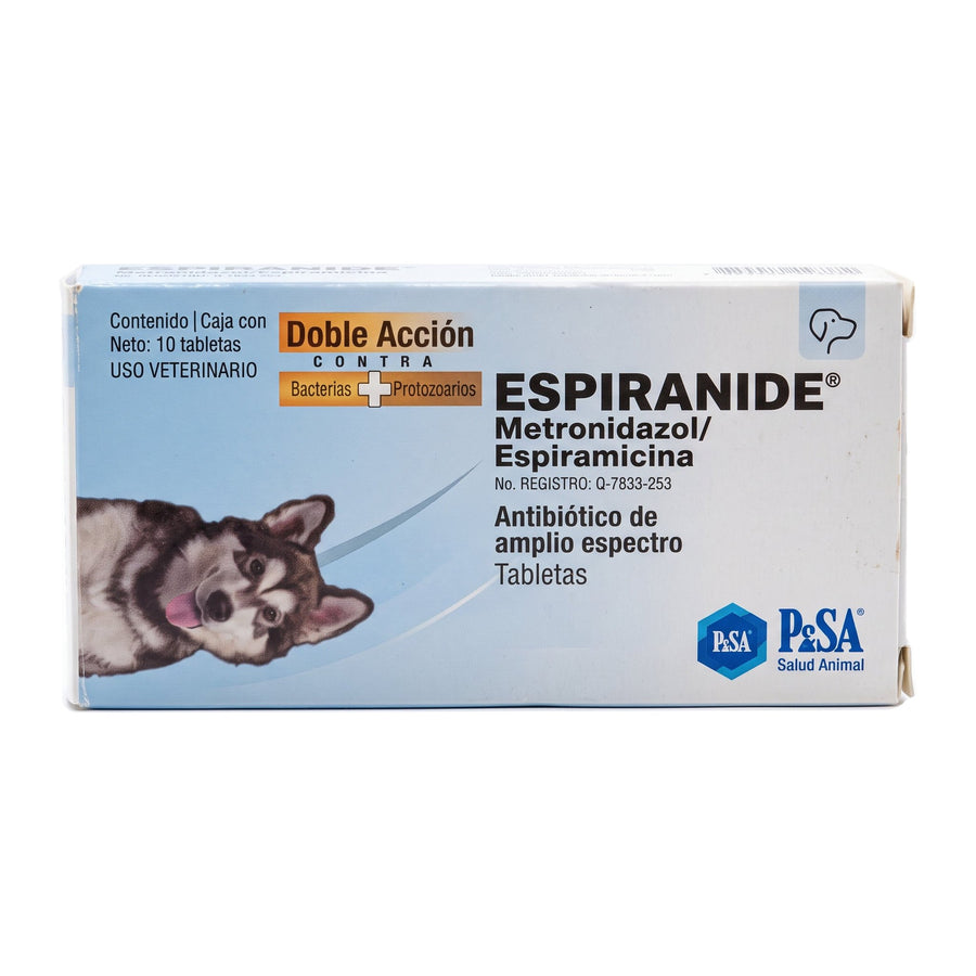 Espiranide PiSA Salud Animal 10 tabletas — caja completa sobre fondo blanco, impresión de la referencia conservada