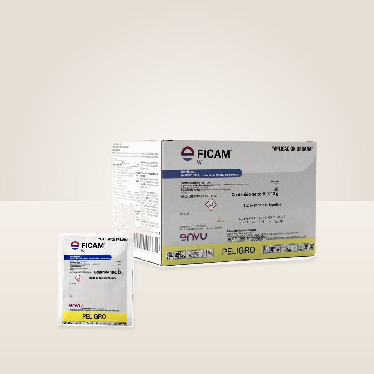 Ficam W Envu — caja de diez sobres de 12 g y sobre representativo en escenario de estudio
