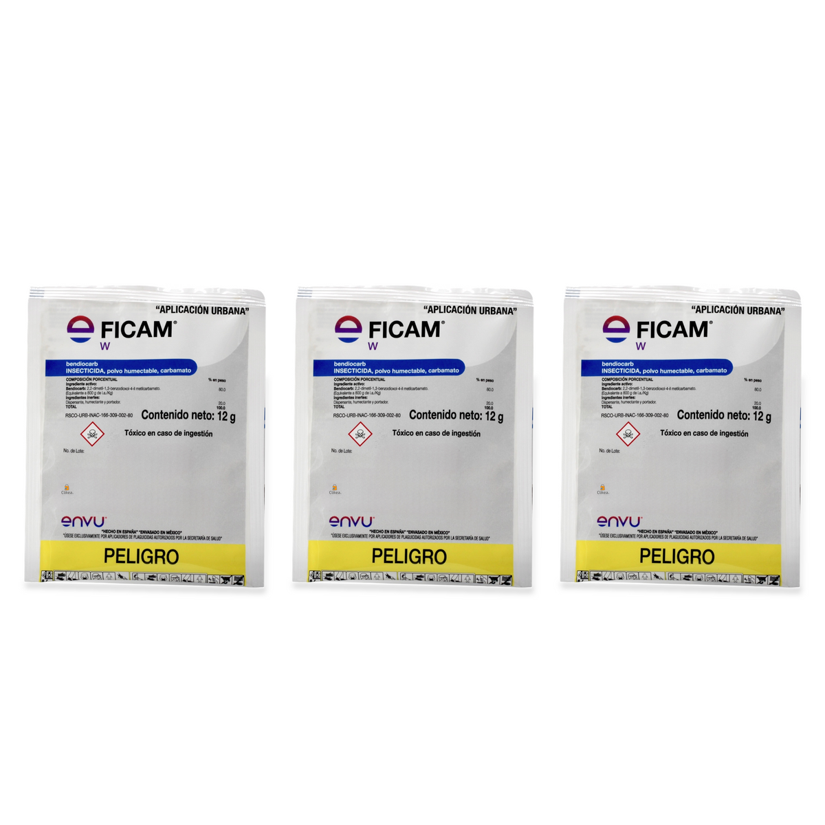 Ficam W Envu 12 g — tres sobres completos sobre fondo blanco