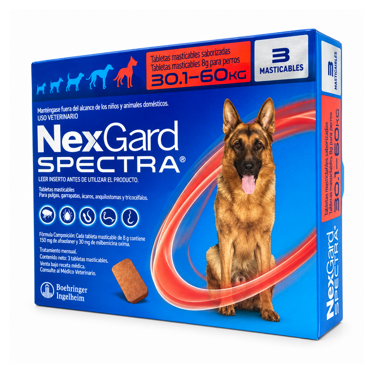 NexGard Spectra rojo, caja con 3 tabletas para perros de 30.1 a 60 kg