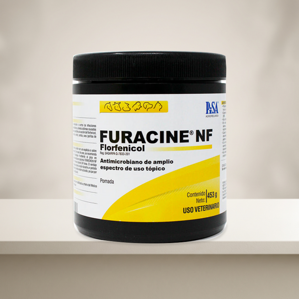 Furacine NF PiSA 453 g, tarro completo sobre mesa neutra