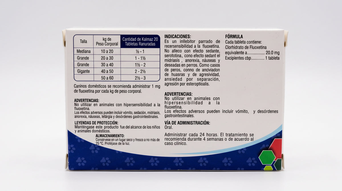 Kalmax 20 InnoPharma, fluoxetina 20 mg, caja con 10 tabletas — reverso del empaque