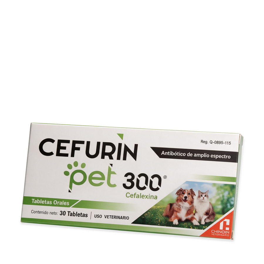 Cefurin Pet 300 - Cefalexina 300 mg - 30 tabletas — envase completo sobre blanco puro