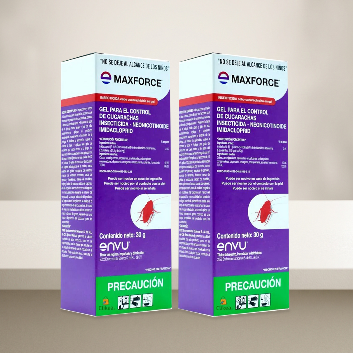 Maxforce Gel Envu 30 g, dos piezas completas sobre fondo de estudio.