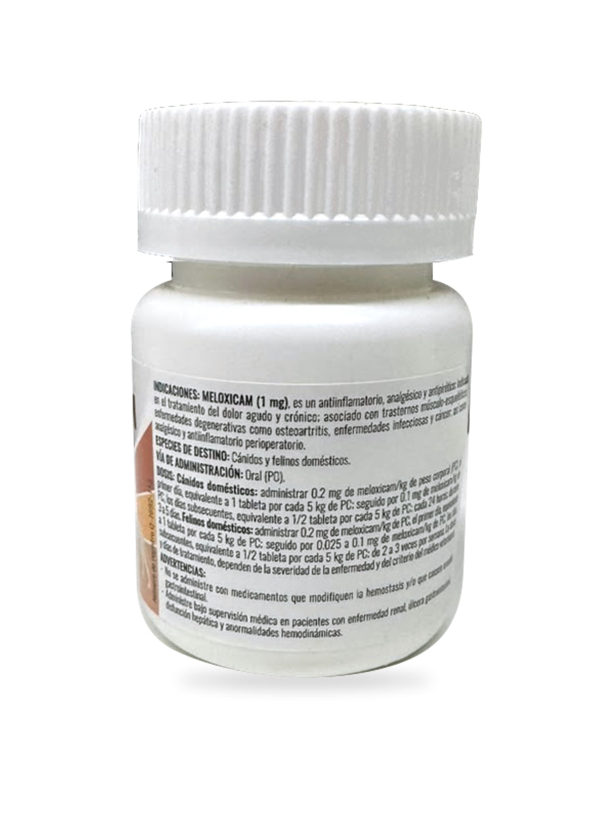 Meloxicam 1 mg Alpha Chem, reverso del frasco con información del fabricante
