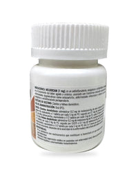 Meloxicam 1 mg Alpha Chem, reverso del frasco con información del fabricante